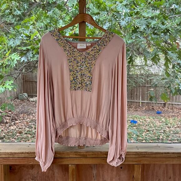 Anthropologie Maeve Kristie Sequined Peasant Blouse Beige Tan Size L - Picture 2 of 8